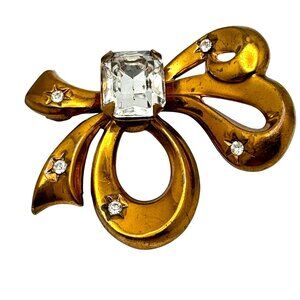 Gold-Tone Bow Brooch Vintage Clear Rhinestones & Large Center Stone